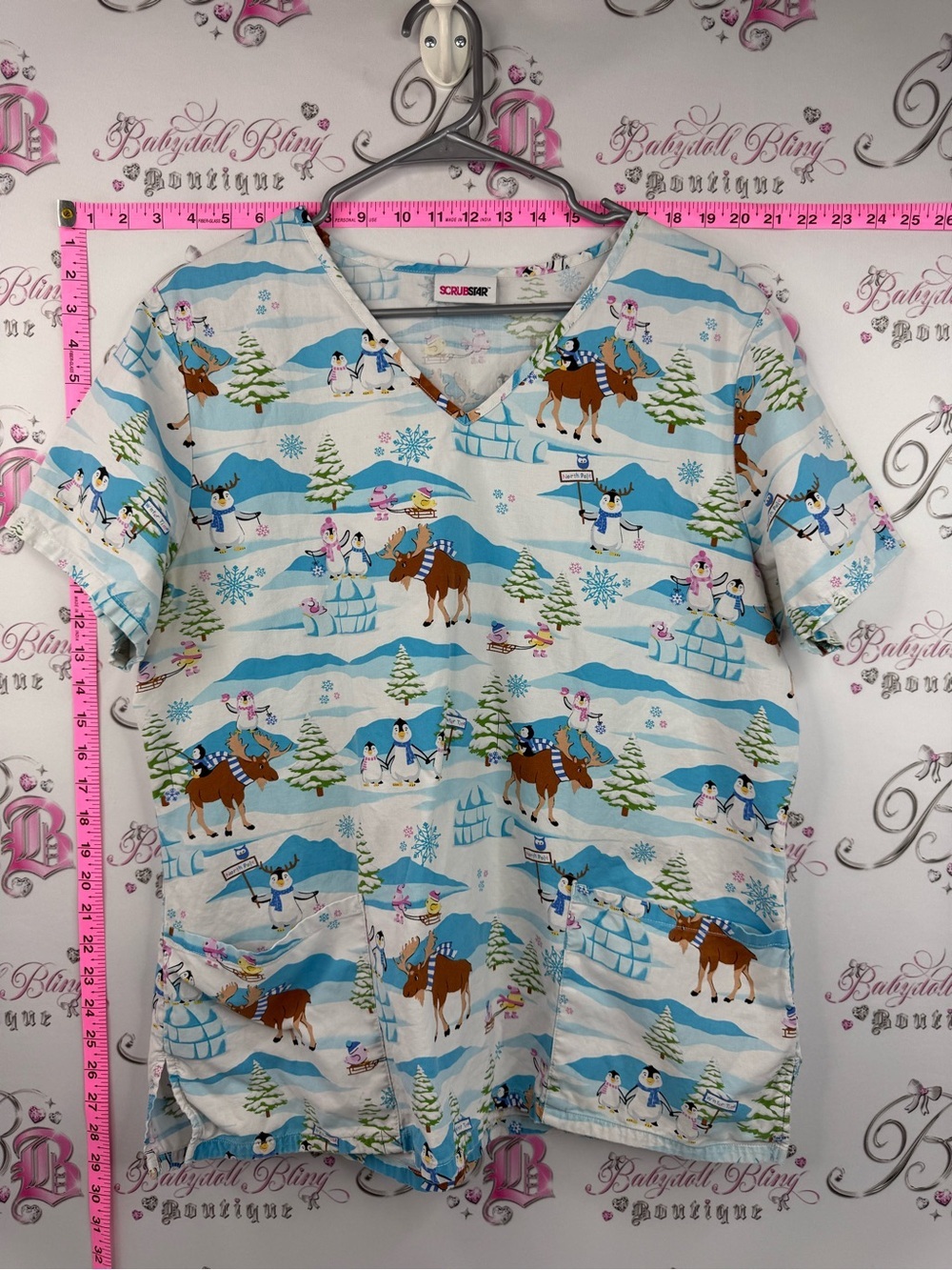 Scrubstar T-shirt Penguin & Moose Winter Print Medical Scrub Top - Light Blue